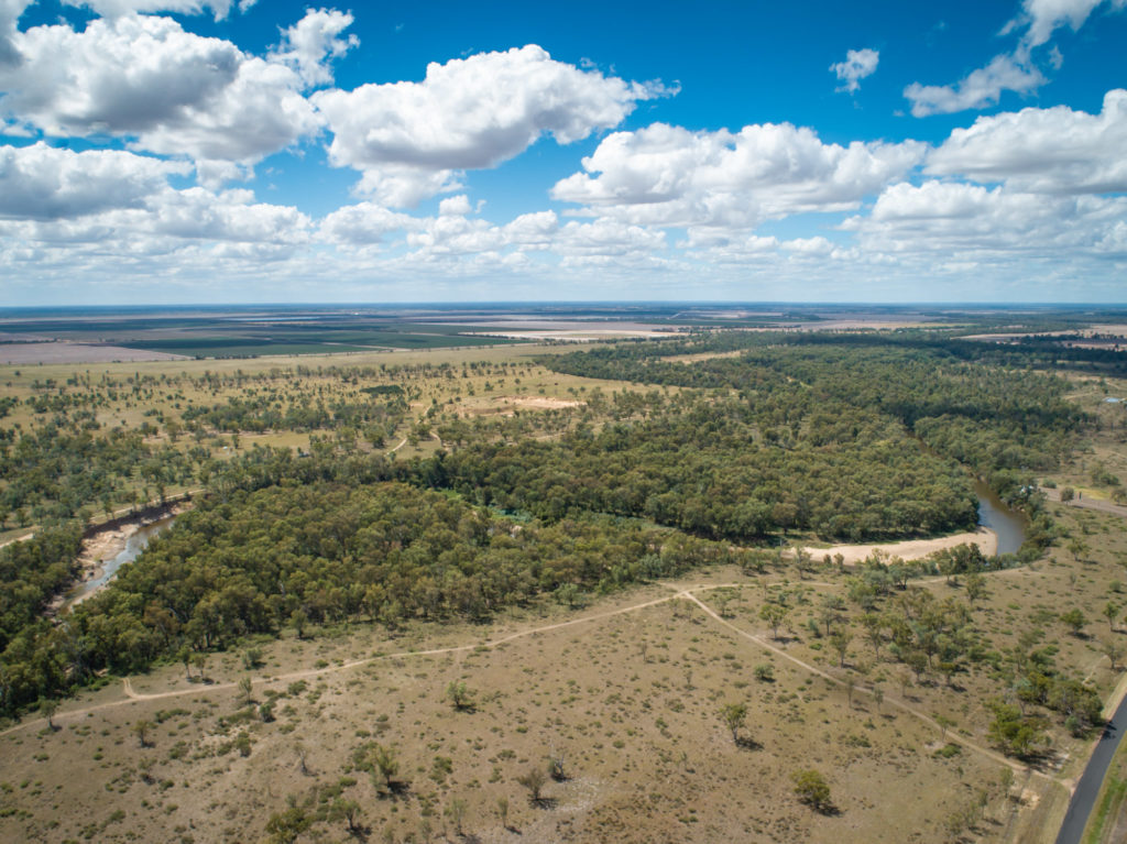 Aerial view of Greenfield study area, Macintyre River near Boggabilla, New South Wales.