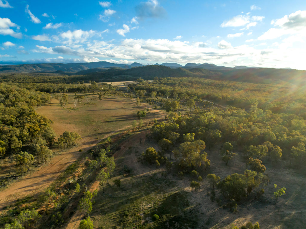 Aerial view of the Warrumbungles mountain range, between Narrabri and Coonabarabran, New South Wales.