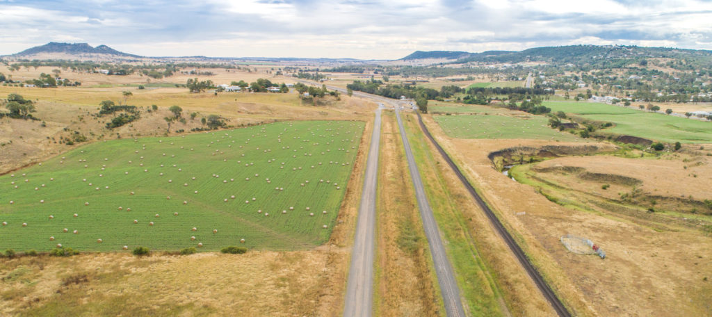 Aerial view of new corridor on Ganzer Morris Road from Morris Road, Gowrie, Queensland.