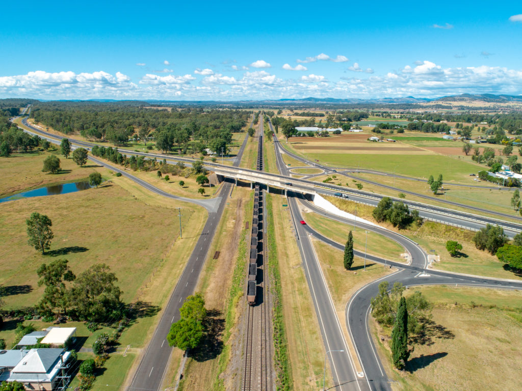 Aerial view of existing rail line at Helidon, Queensland.