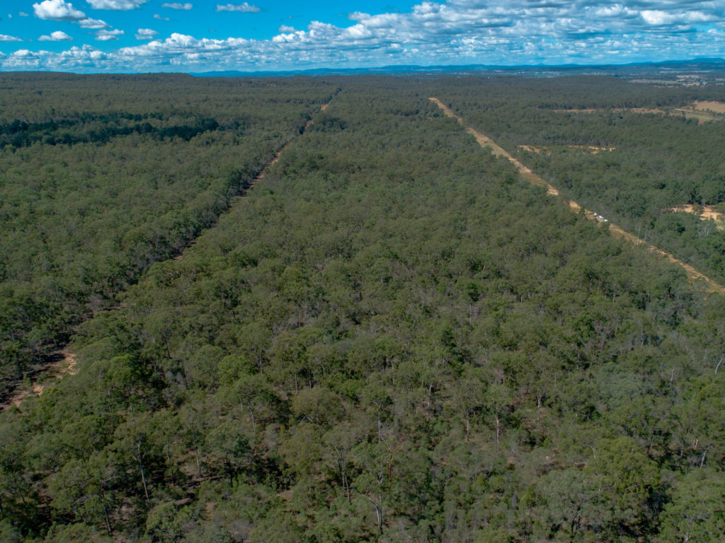 Aerial view of Seventeen Mile Road gas line reserve, Helidon, Queensland.
