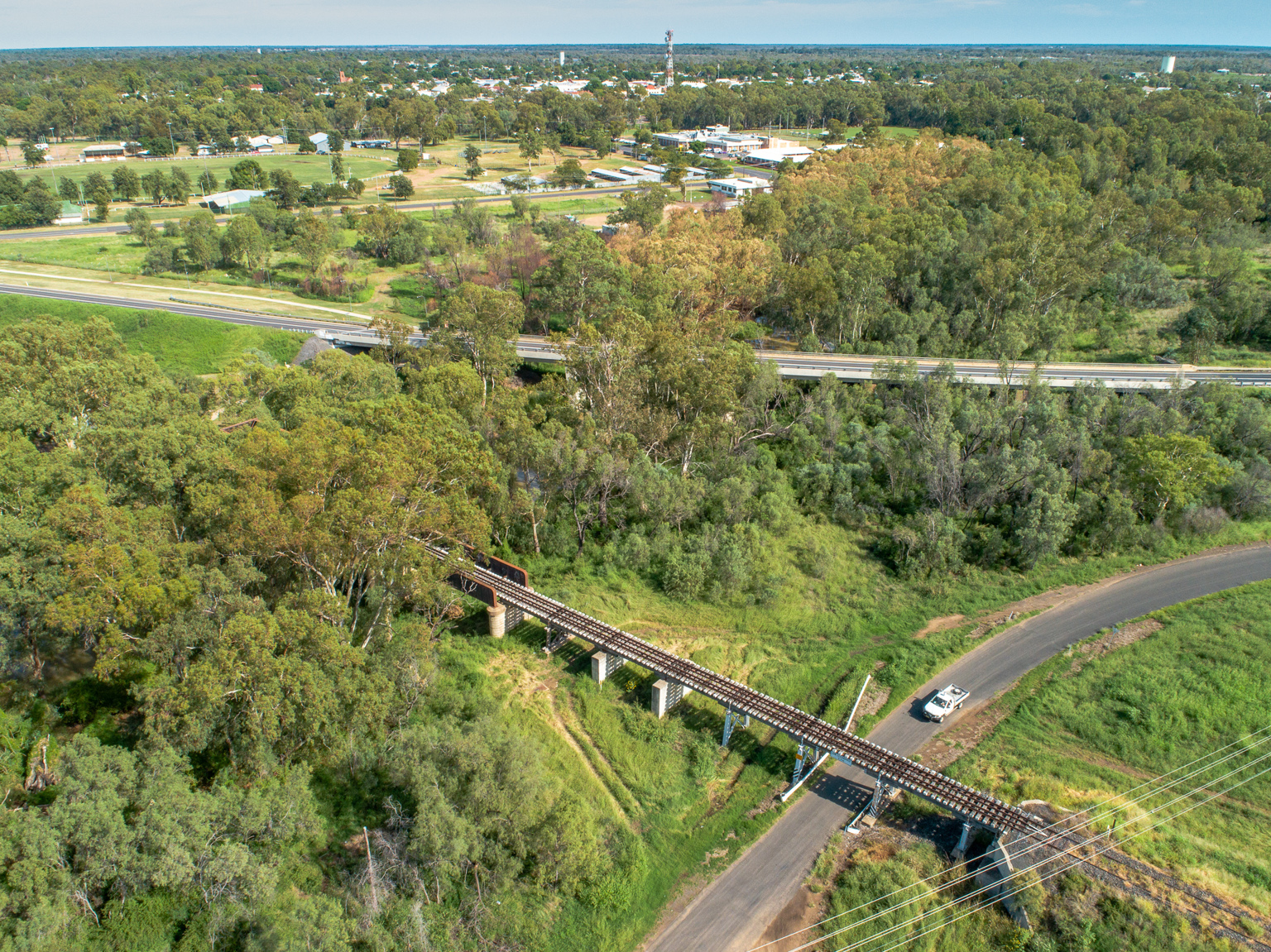 Aerial view of Mehi River rail bridge, Moree, New South Wales.