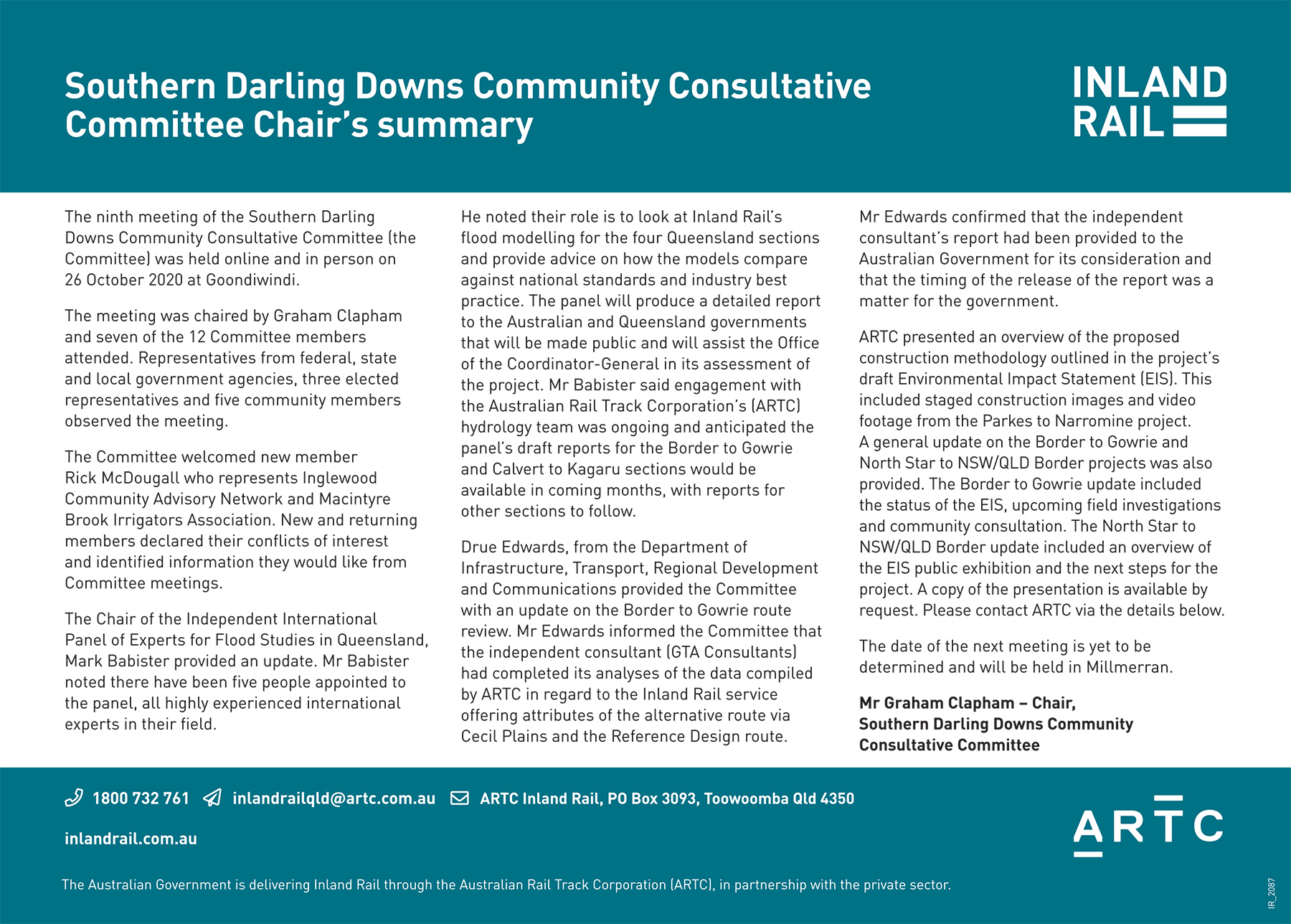 Southern Darling Downs Community Consultative Committee Chair's