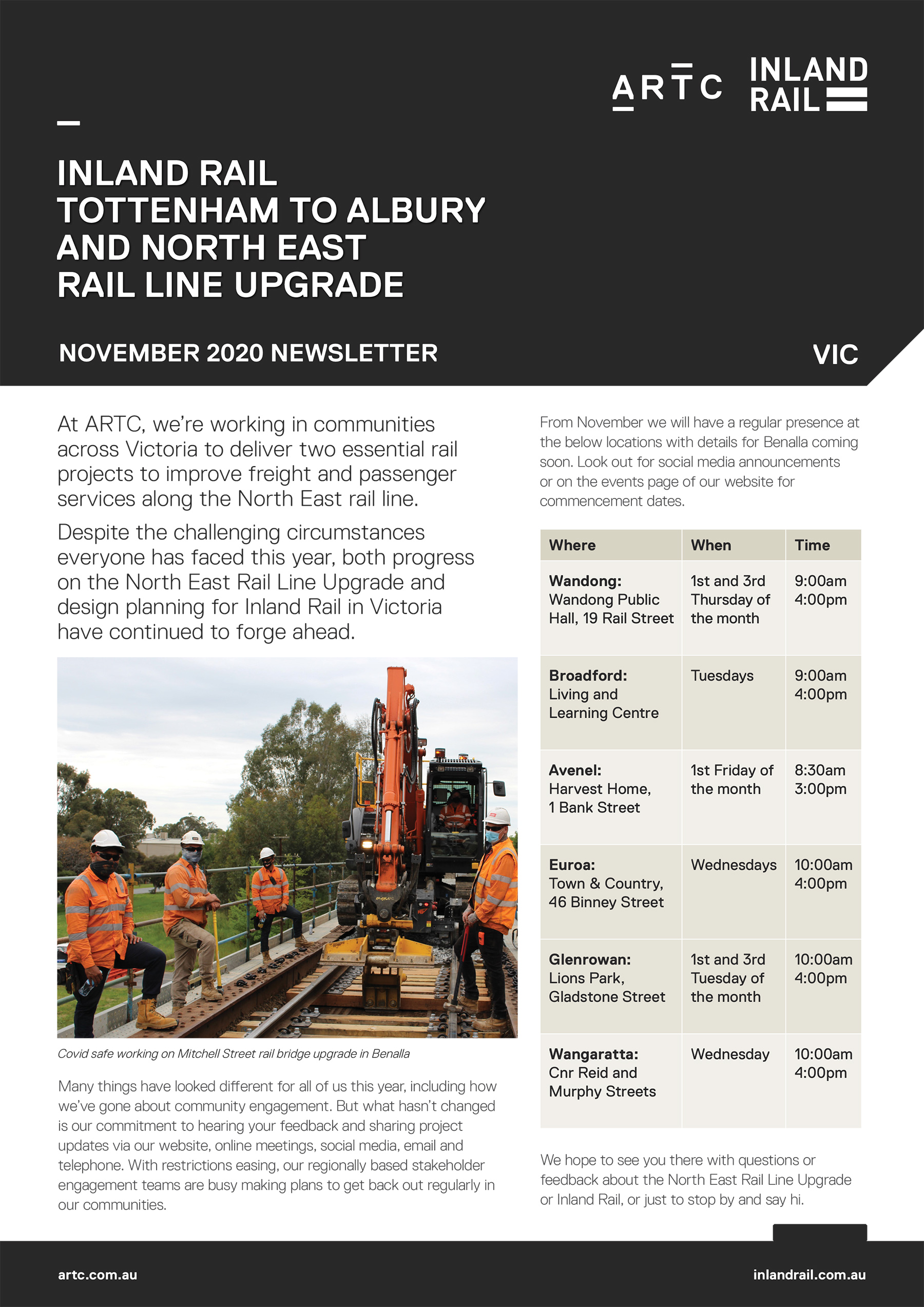 November 2020 project update for Tottenham to Albury
