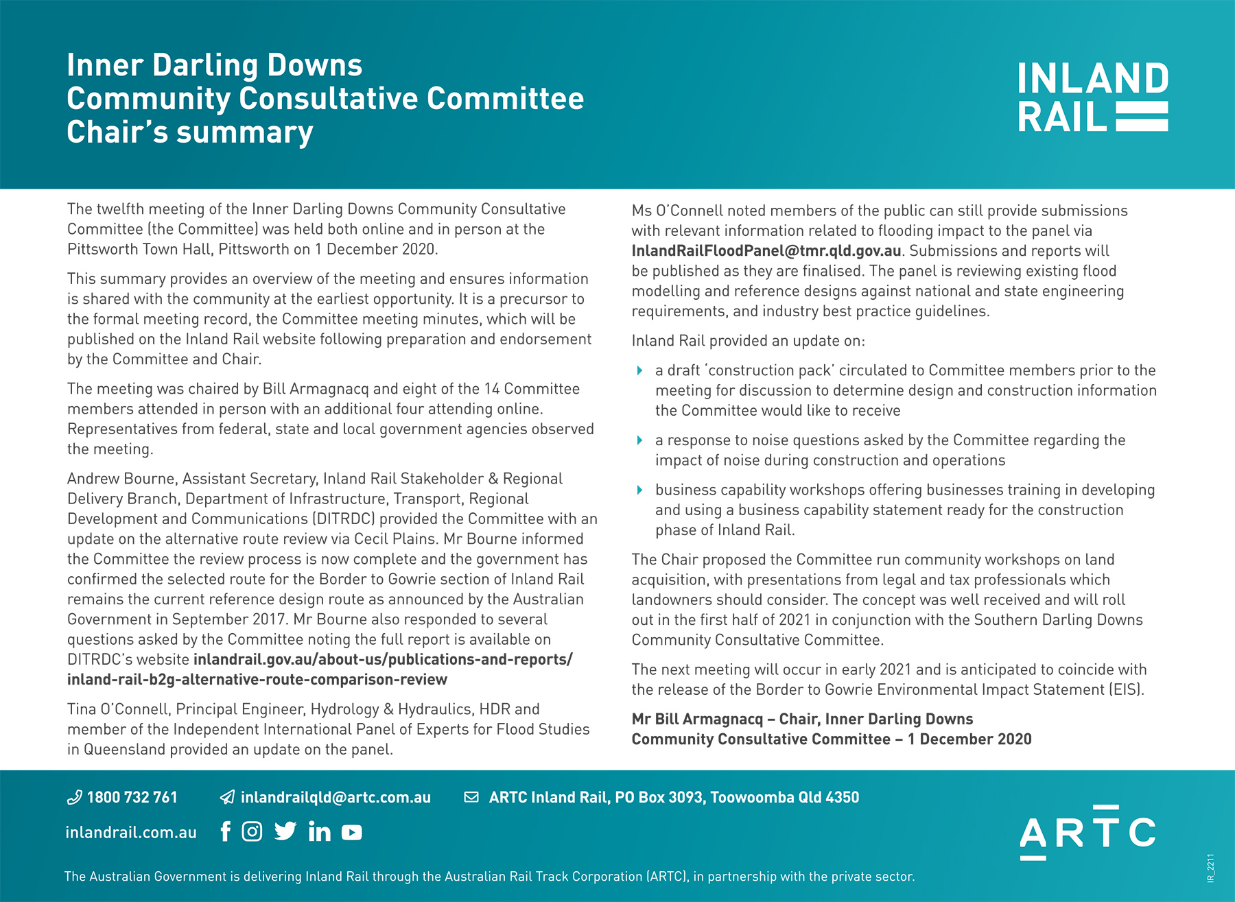 Inner Darling Downs Community Consultative Committee Chair's sum