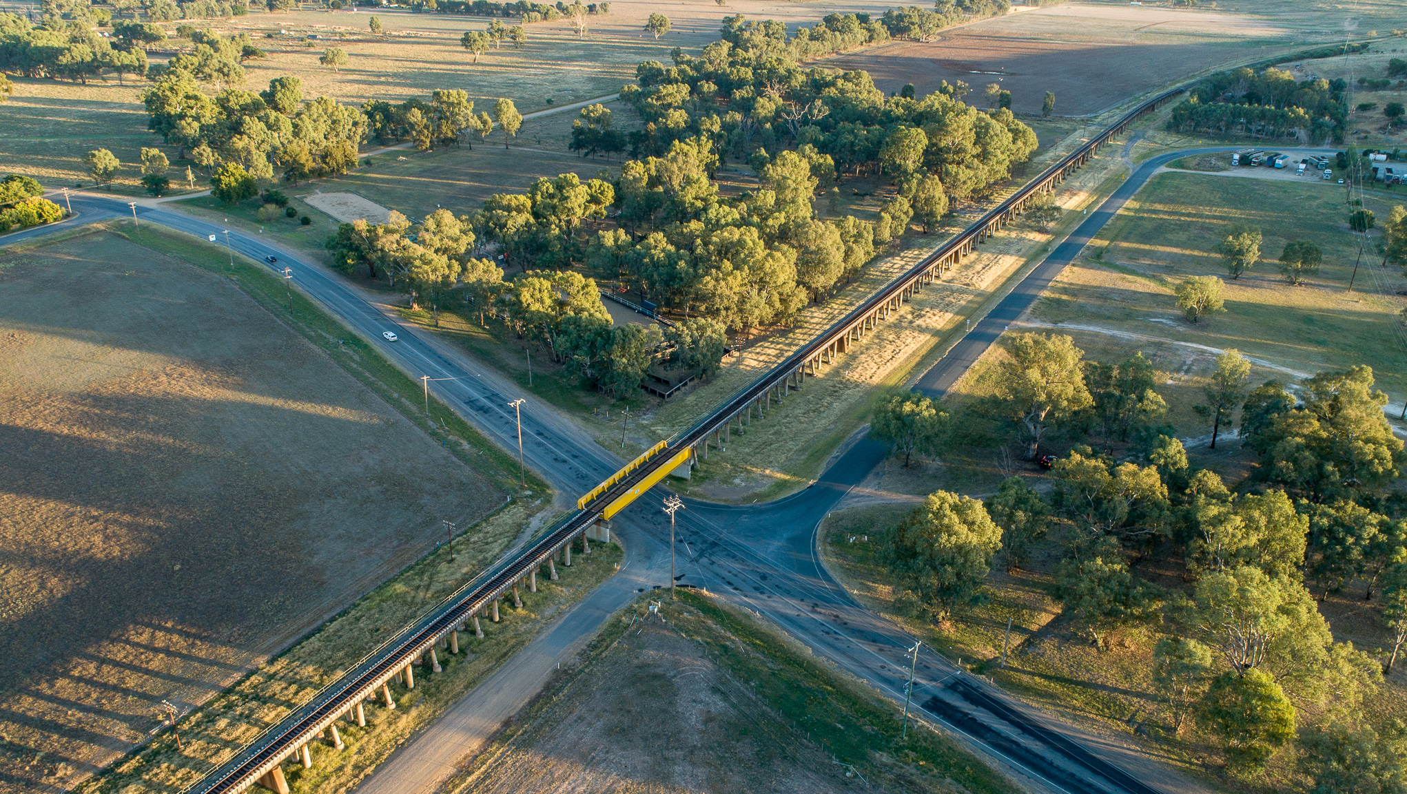 Aerial view of the Railway bridge over Oura Road, New South Wales.