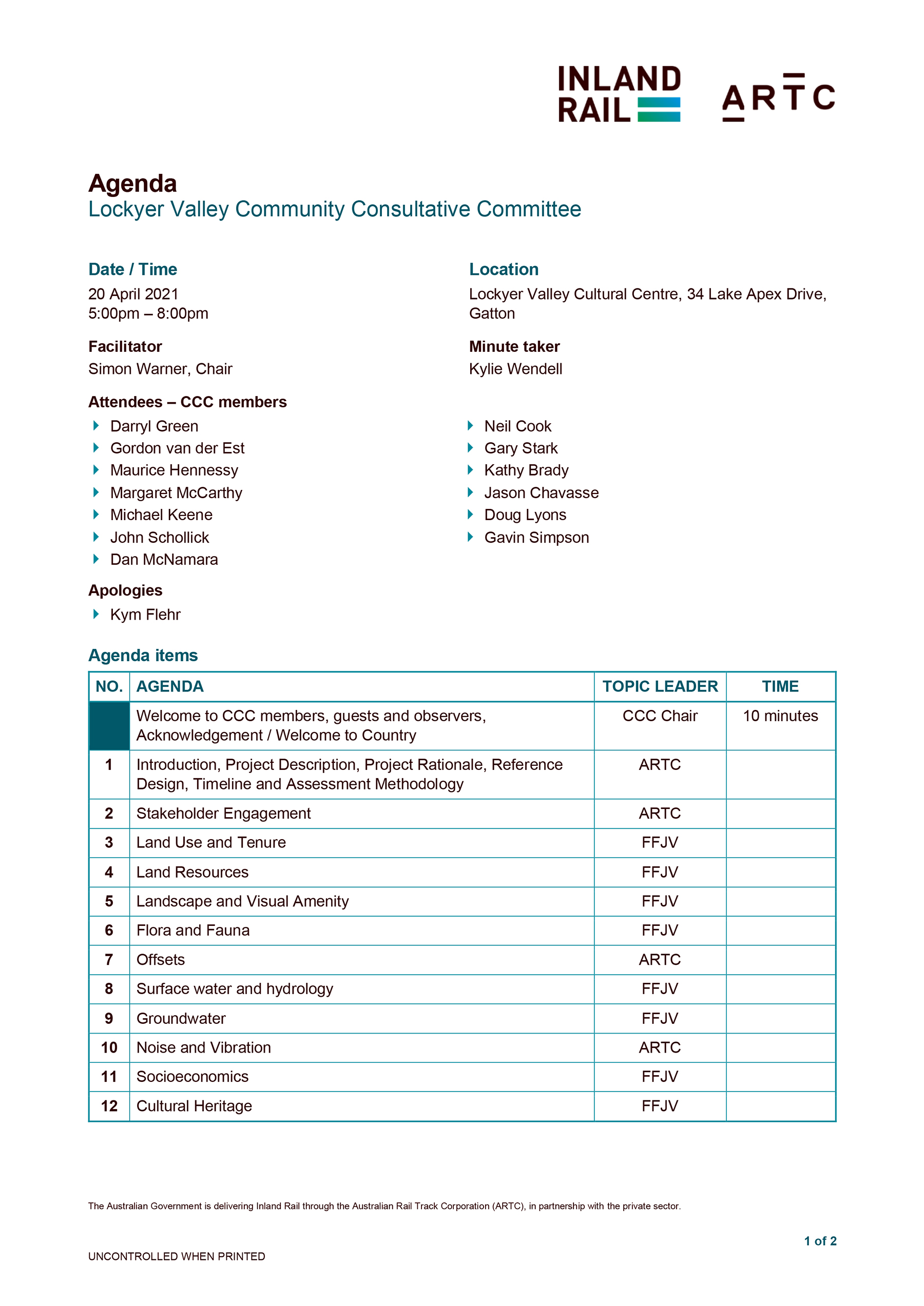 Lockyer Valley CCC Meeting Agenda - 20 April 2021