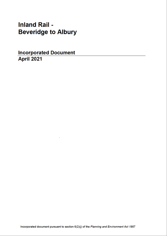 Thumbnail image of document cover for Inland Rail Beveridge to Albury Incorporated Document April 2021