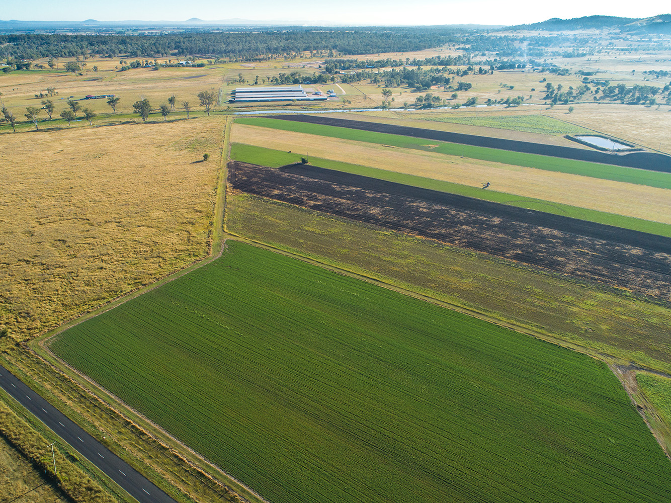 Aerial view of Old Laidley Forest Hill Road and the farmland, Laidley, Queensland.