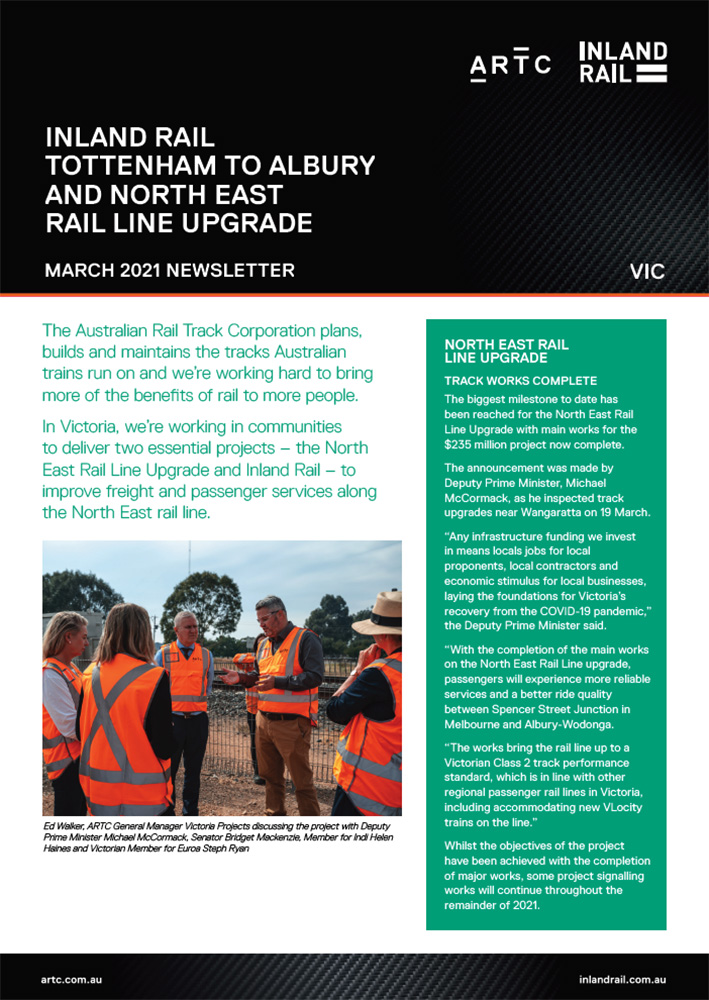 Thumbnail image of Inland Rail Tottenham to Albury and North East Rail Line Upgrade newsletter March 2021