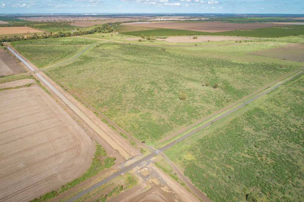 Aerial view of Camurra existing curve in track, Greenfield section north of Back Pally Road, Moree, New South Wales.