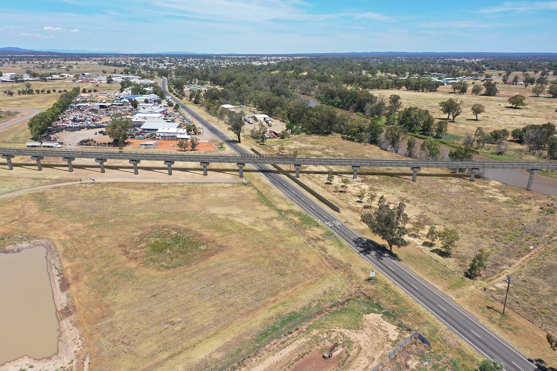 Illustration of a view looking South East over the Kamilaroi Highway, Narrabri