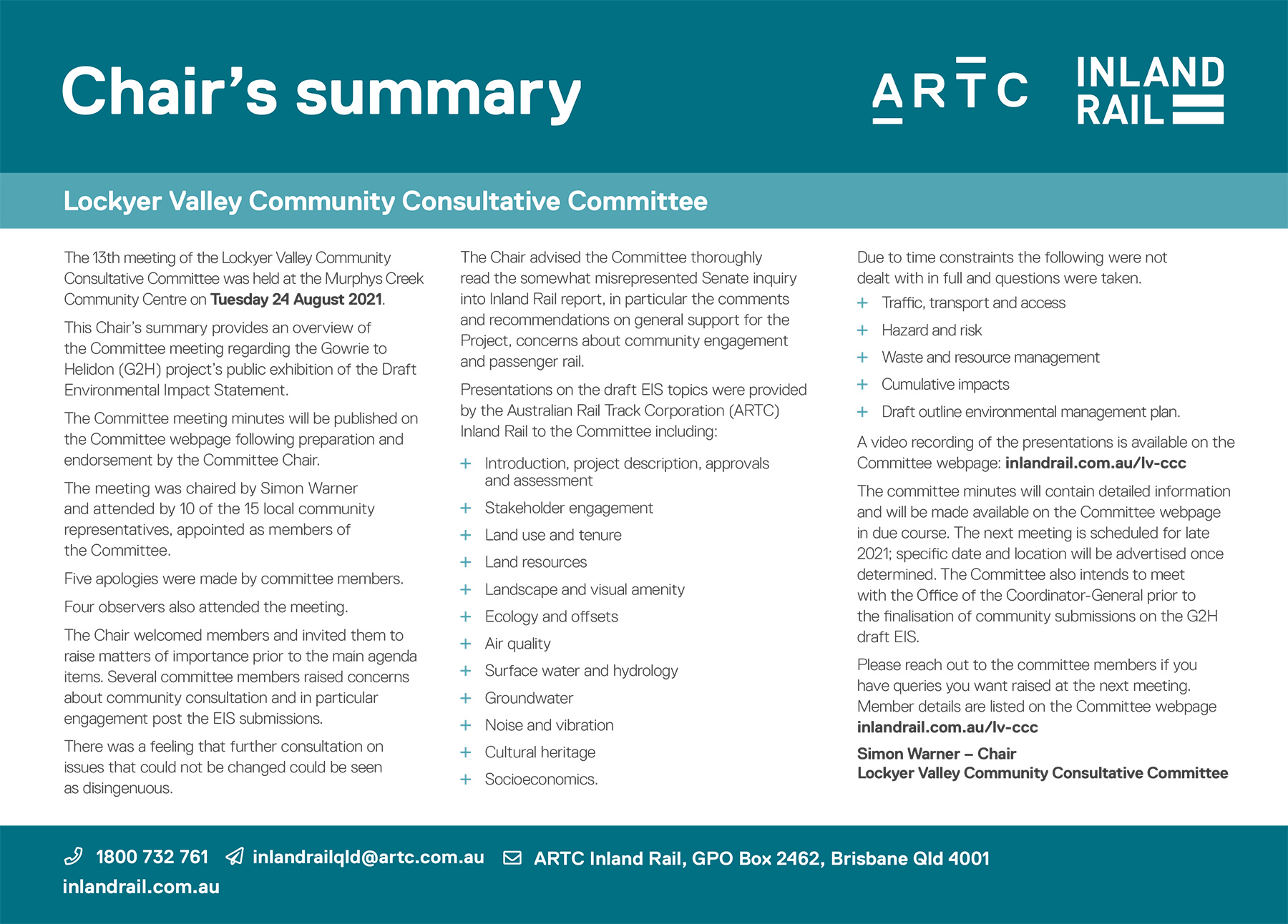 Lockyer Valley Community Consultative Committee - Chair's Summar