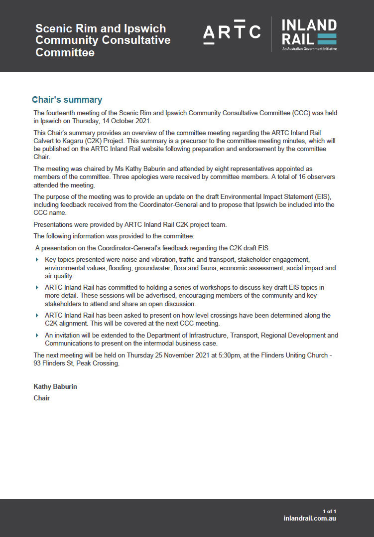 Thumbnail of Scenic Rim and Ipswich CCC Chair's Summary 14 October 2021 document