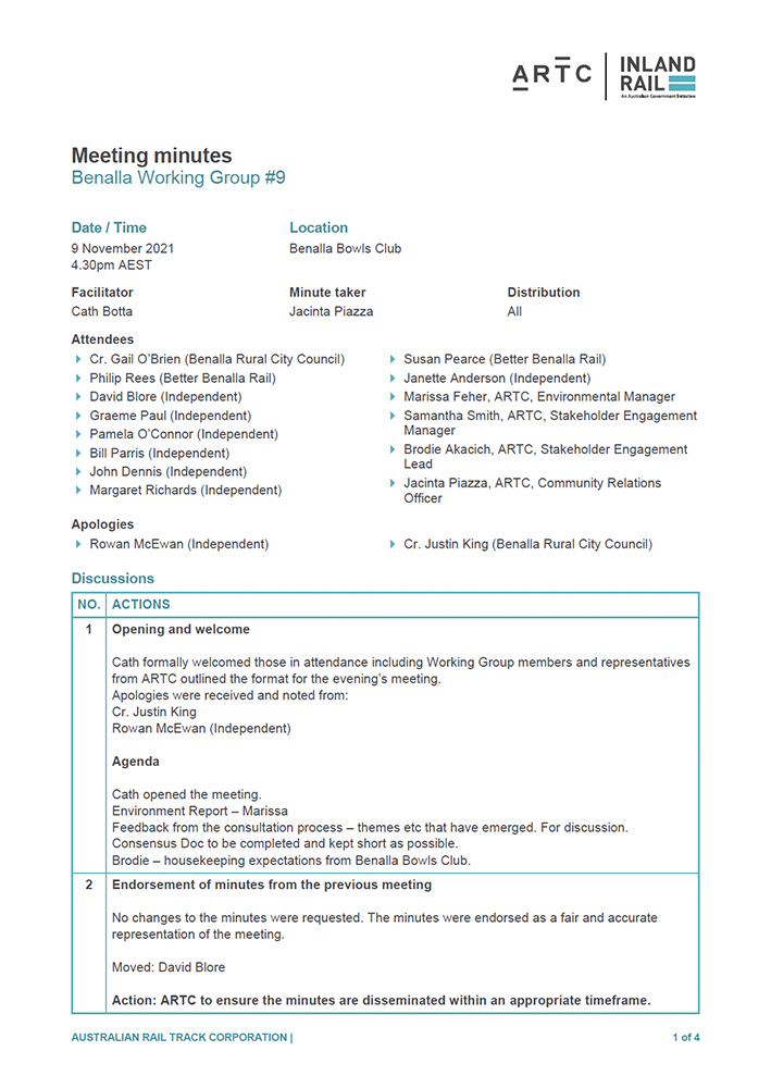 Thumbnail image of Benalla Working Group meeting minutes 9 November 2021 document