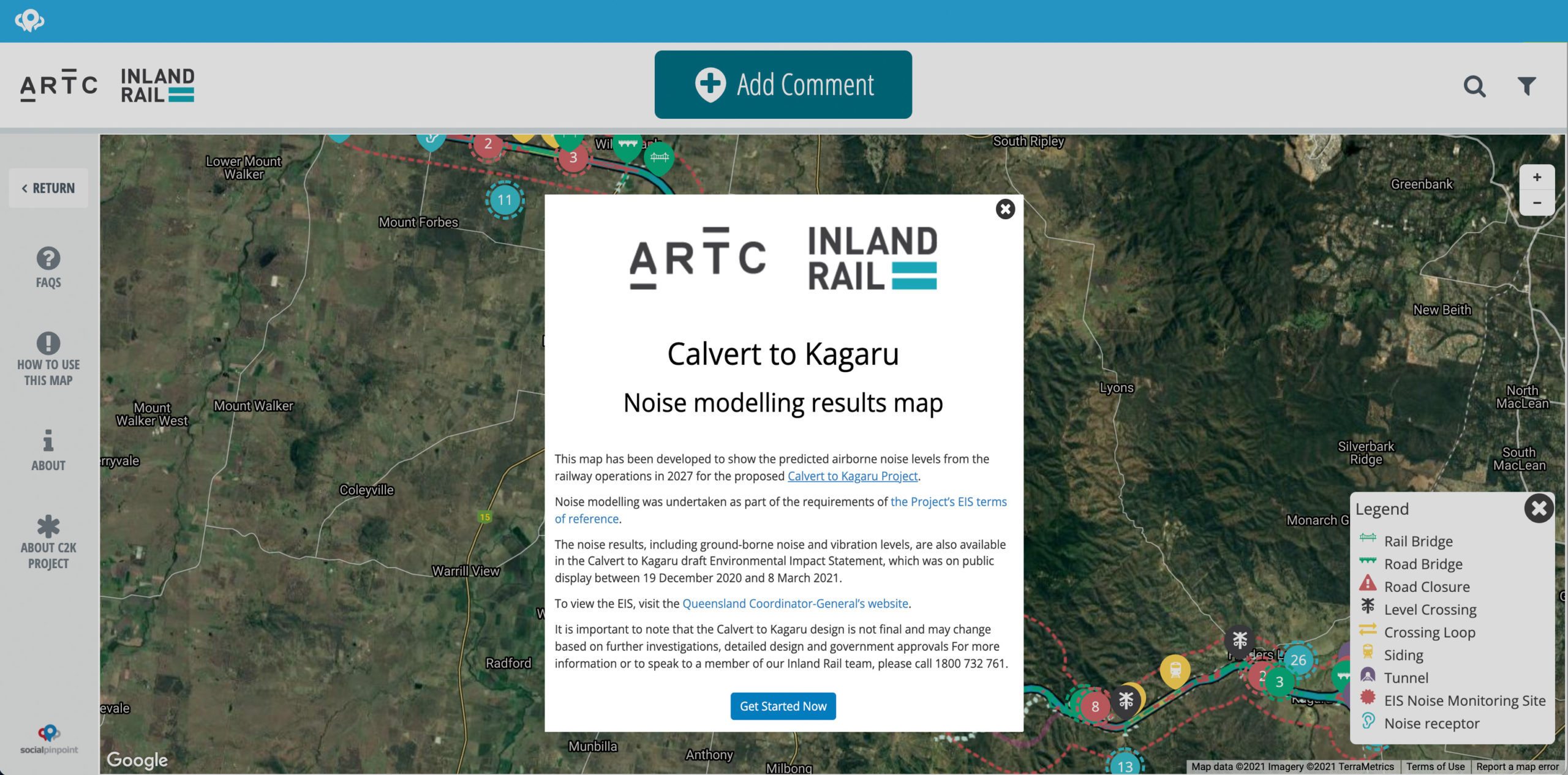 Screen capture of the Calvert to Kagaru interactive noise map