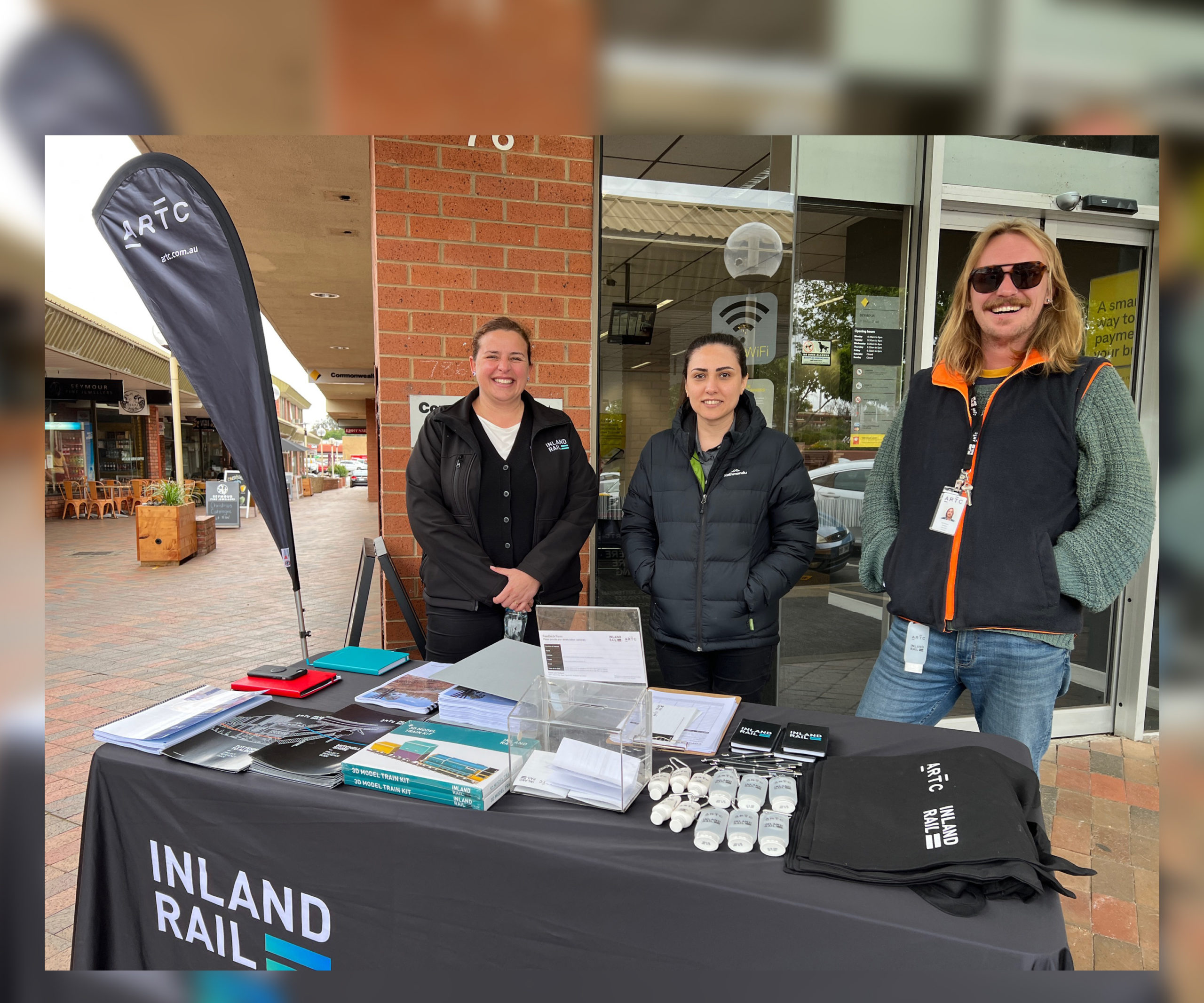 ARTC Inland Rail staff hosting a Tottenham to Albury Enviironment Report consultation stand in Seymour