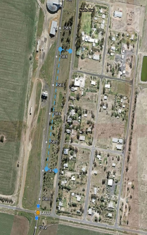 Map showing North Star fencing installation at the boundary of the rail corridor and the North Star community park , North Star, NSW, 2408