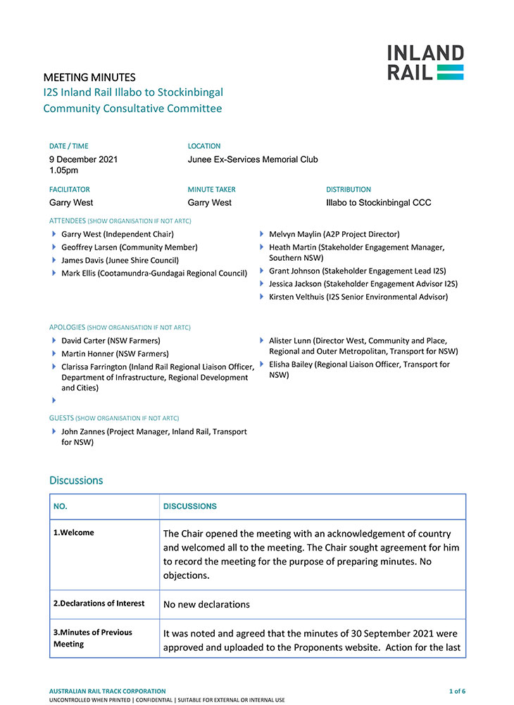 Thumbnail image of Illabo to Stockinbingal Community Consultative Committee meeting minutes 9 December 2021 document