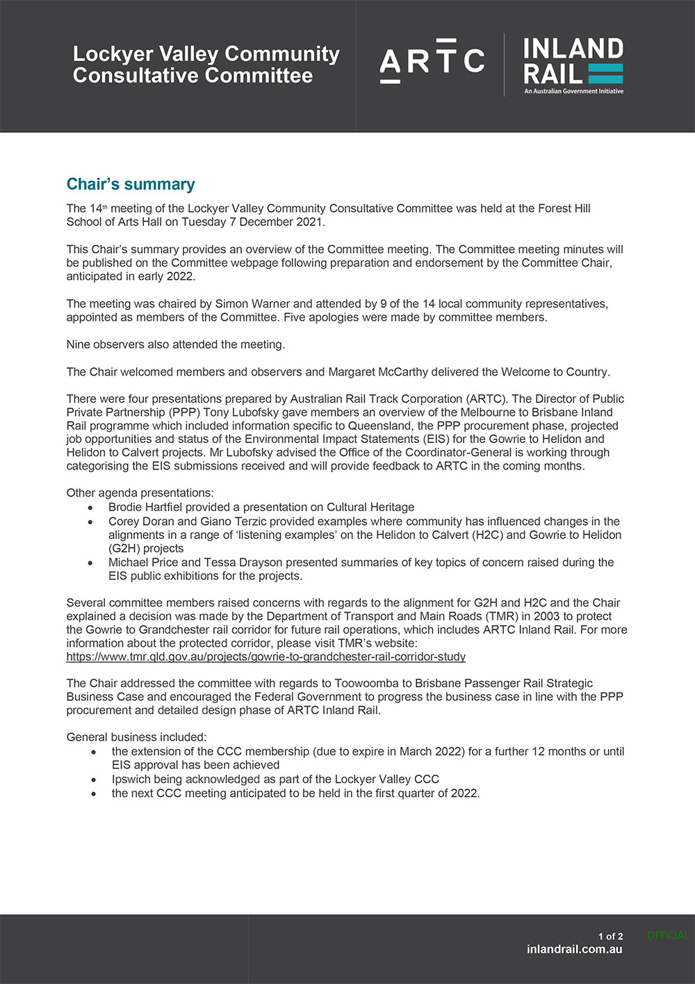 Thumbnail image of Lockyer Valley and Ipswich Community Consultative Committee - Chair's summary - 7 December 2021