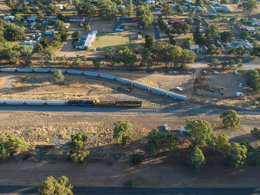 Aerial view of rail tracks at Stockinbingal, New South Wales