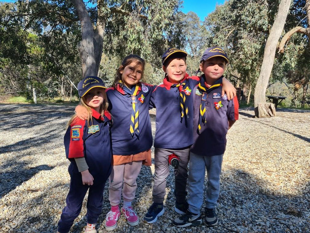 Bella, 6, Jasleen, 7, Erik, 6, and Joey, 6, were among the 60 members of Broadford Scouts who enjoyed a weekend Scout Camp getaway made more accessible through an Inland Rail Community Sponsorships and Donations grant.