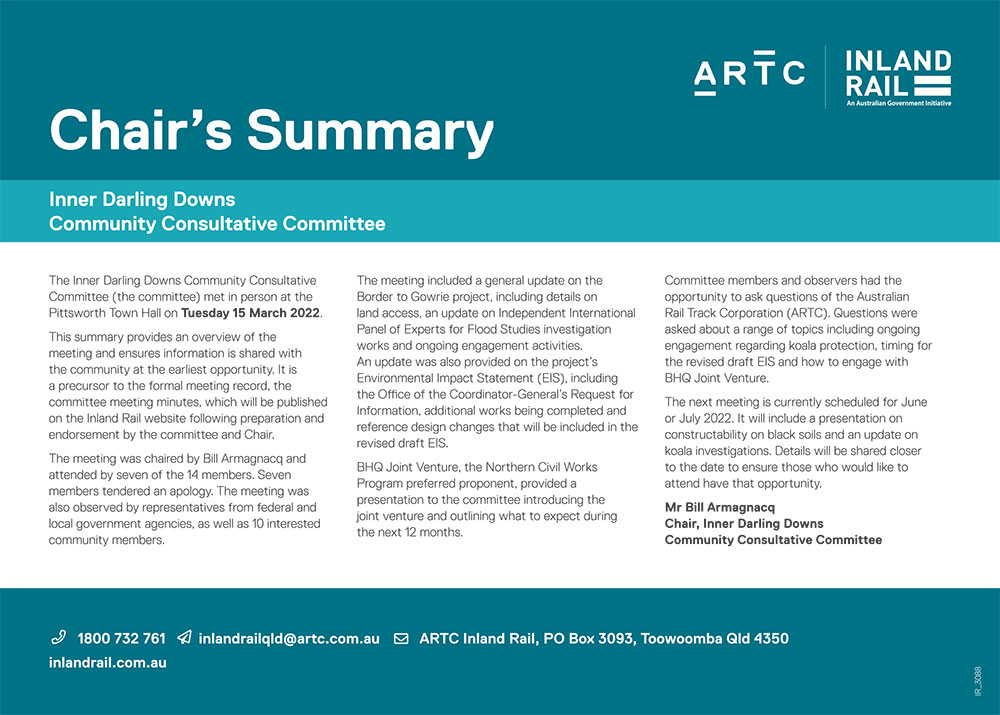 Thumbnail image of the Inner Darling Downs CCC Chair Summary 15 March 2022