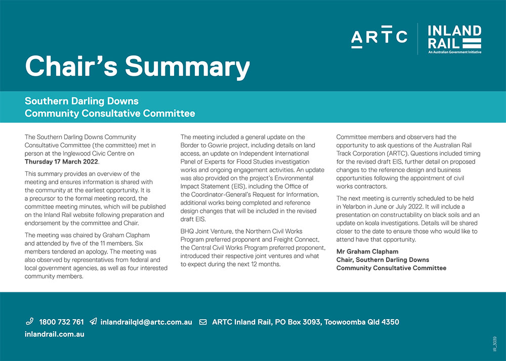 Thumbnail image of the Southern Darling Downs CCC Chair Summary 17 March 2022