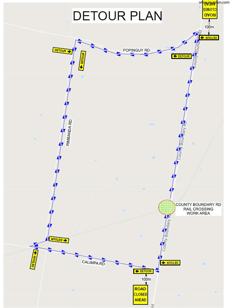 Map showing the temporary traffic changes at County Boundary Road, Pallamallawa