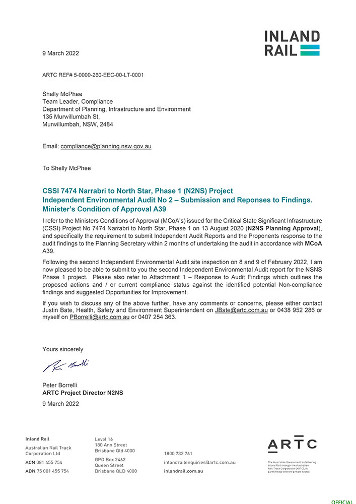 Thumbnail image of Narrabri to North Star Phase 1 Independent Environmental Audit: Audit 2 - Construction letter