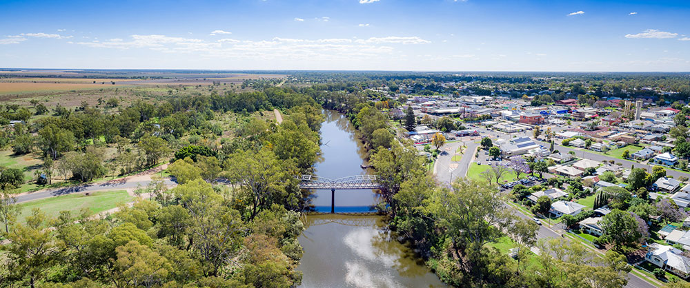 Aerial view of the Border Bridge over the Macintyre River and Goondiwindi town, Queensland.