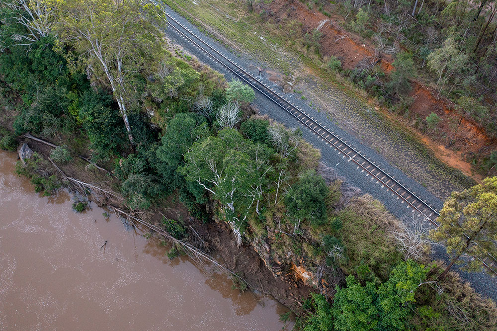 An aerial image of the Lockyer Creek near Airforce Road, Helidon following the May 2022 flood.