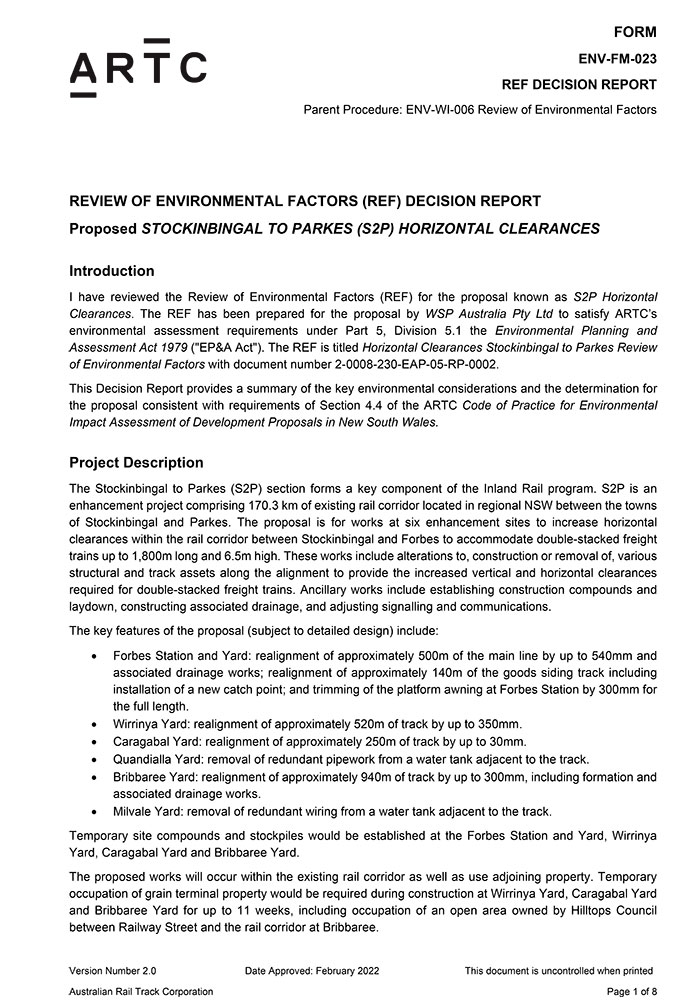 Thumbnail image of Stockingbingal to Parkes Horizontal Clearances REF - Decision Report
