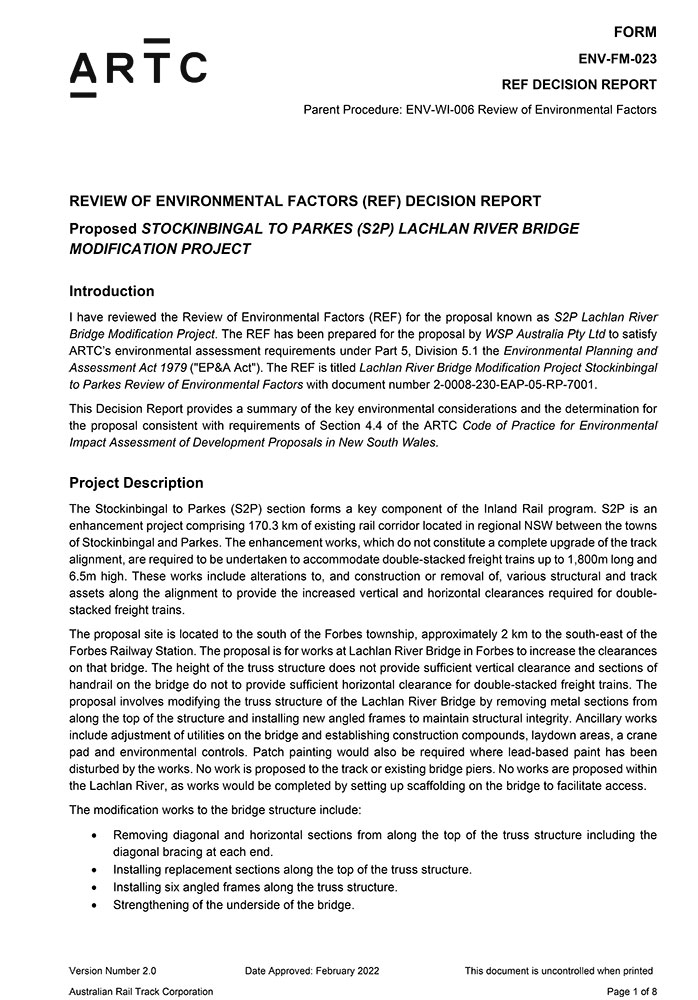 Thumbnail image of Stockingbingal to Parkes Lachlan River Bridge REF – Decision Report