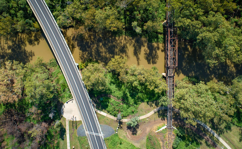 The Newell Highway and rail bridge crossing the Mehi River north of Moree, showing the current pedestrian path and the location of the proposed emergency vehicle access road