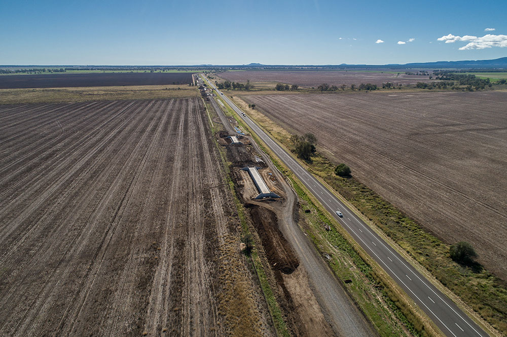 looking north along the Narrabri to Bellata project stage showing completed culverts and earthworks in progress