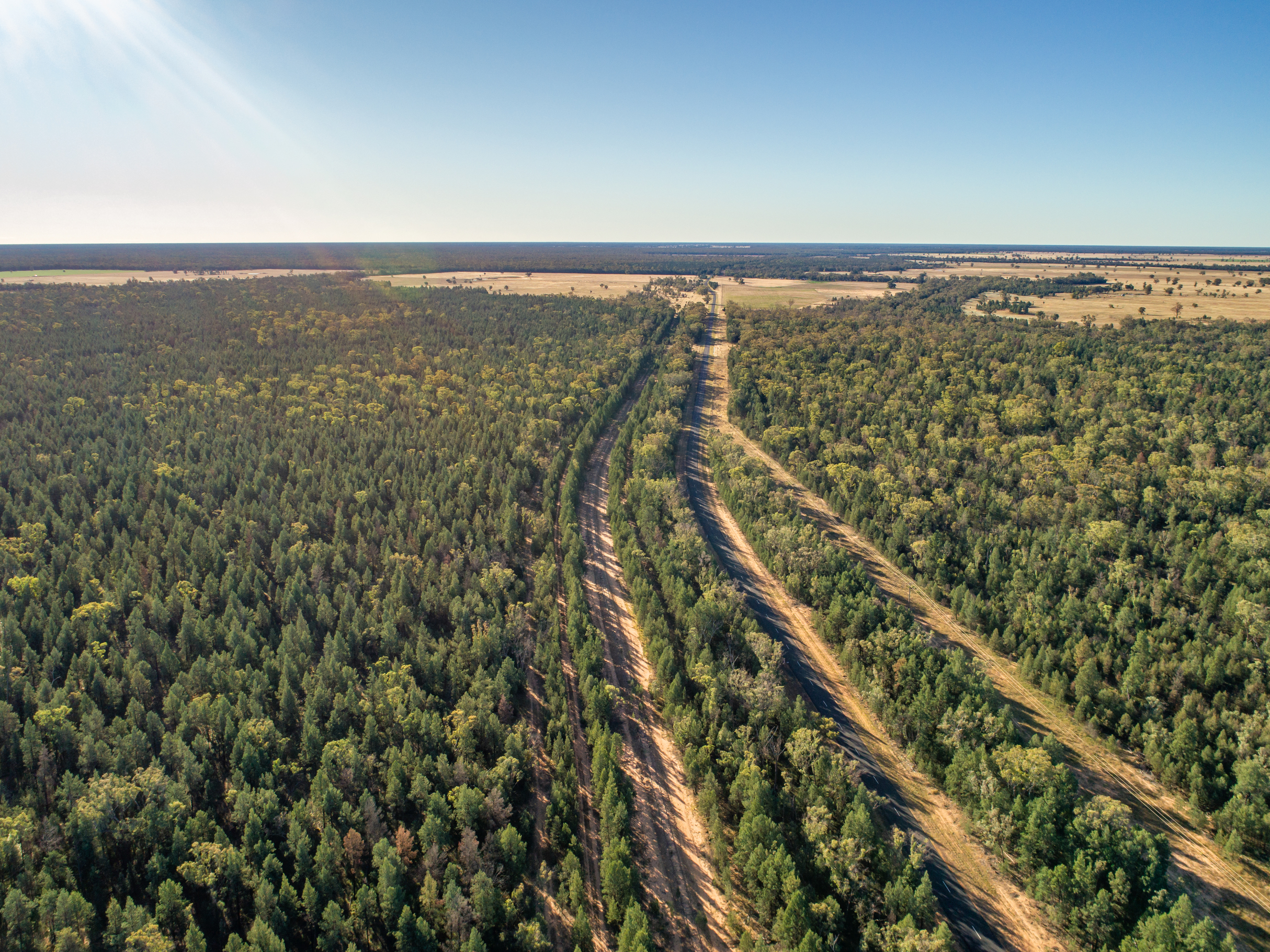 Aerial view of existing track near Manai Rd within Narromine to Narrabri section of Inland Rail in New South Wales