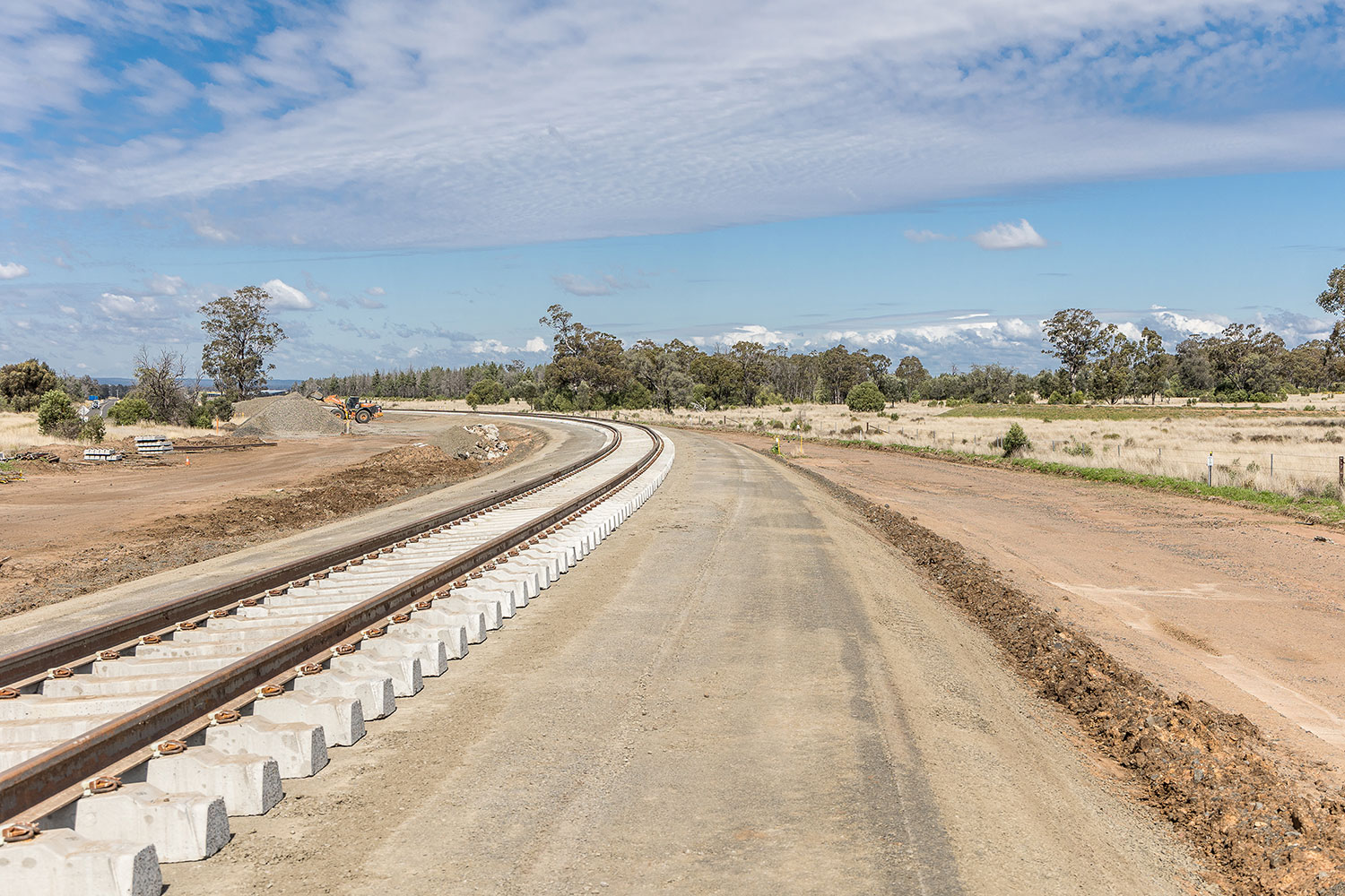 New track and sleepers waiting for ballast, looking south towards Narrabri