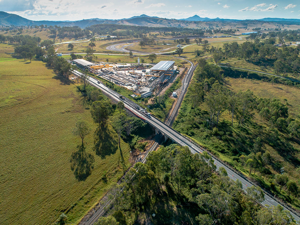 Aerial view of Beaudesert Boonah Road underpass, Bromelton, Queensland.