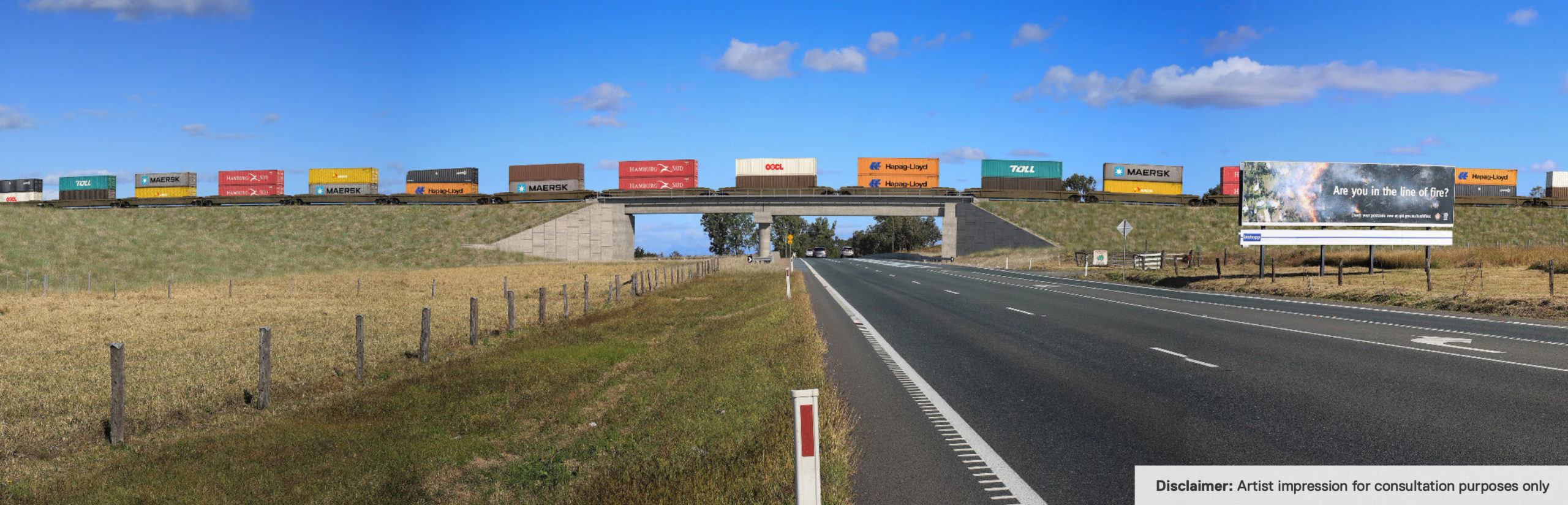 Visualisation of Cunningham Highway Overpass showing double-stacked trains travelling on a bridge over the highway