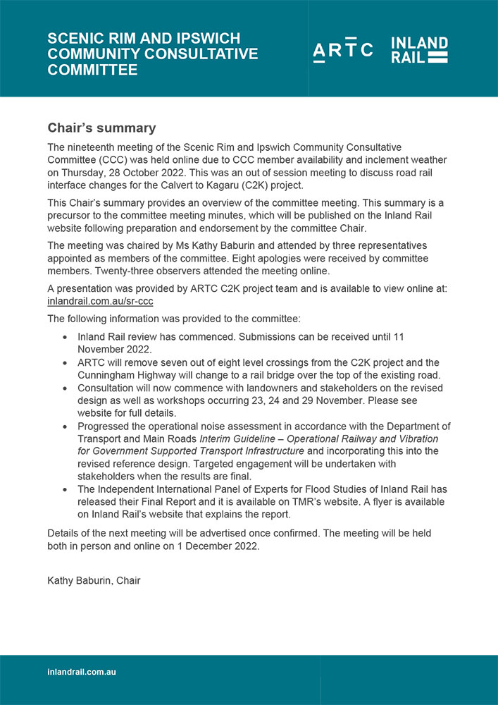 Thumbnail image for Scenic Rim and Ipswich CCC chair’s summary 27 October 2022 document