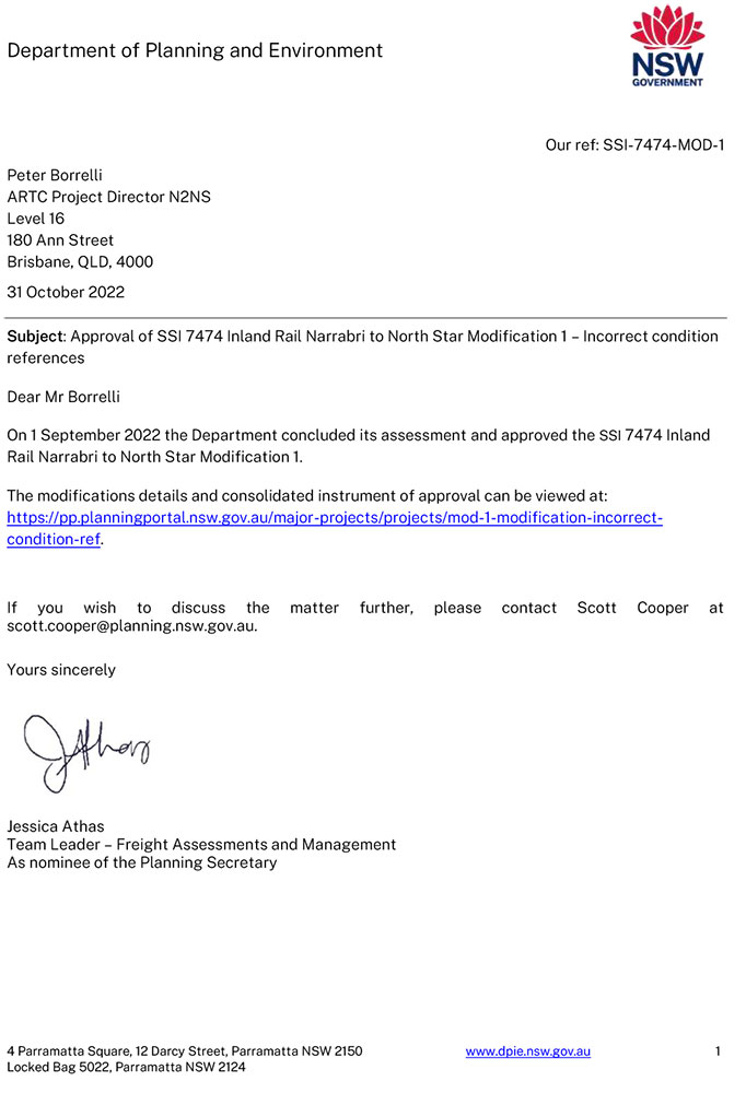 Image thumbnail of DPE Conditions of Approval of Inland Rail – Narrabri to North Star Phase 1: Modification Application (Instrument of Modification)