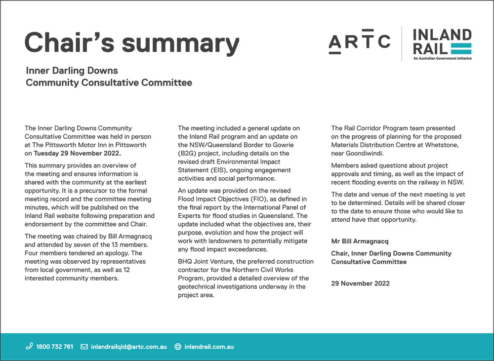 Thumbnail image for Inner Darling Downs CCC chair’s summary 29 November 2022 document