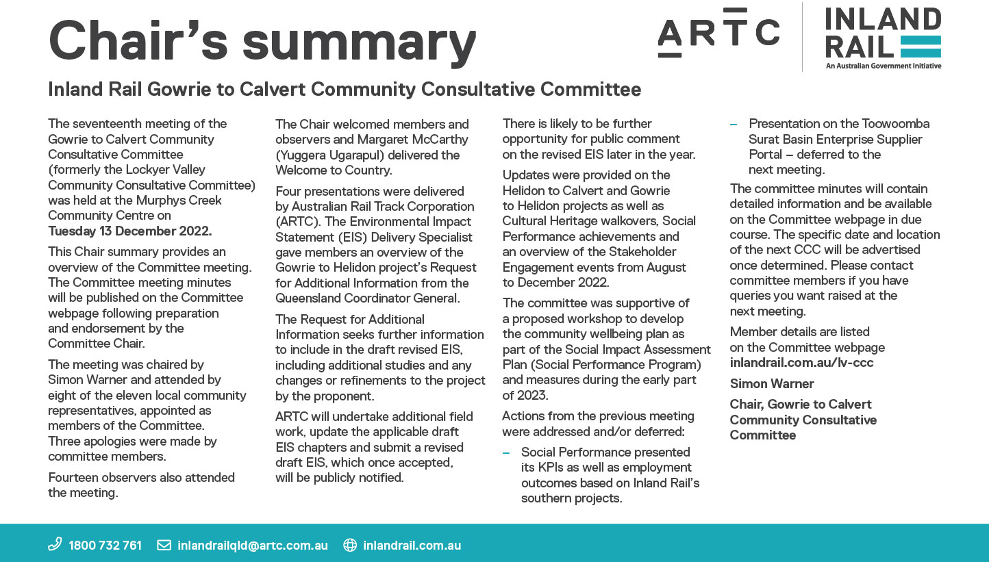 Image thumbnail for Gowrie to Calvert CCC meeting chair's summary 13 December 2022