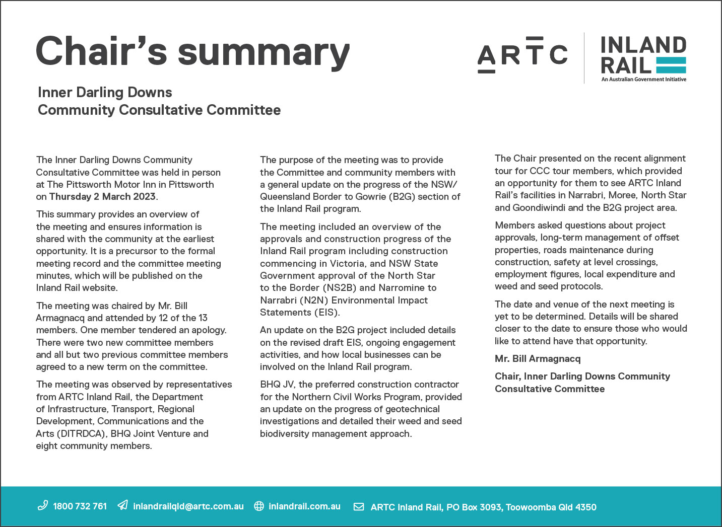 Image thumbnail for Inner Darling Downs Community Consultative Committee - Chair's Summary - 2 March 2023