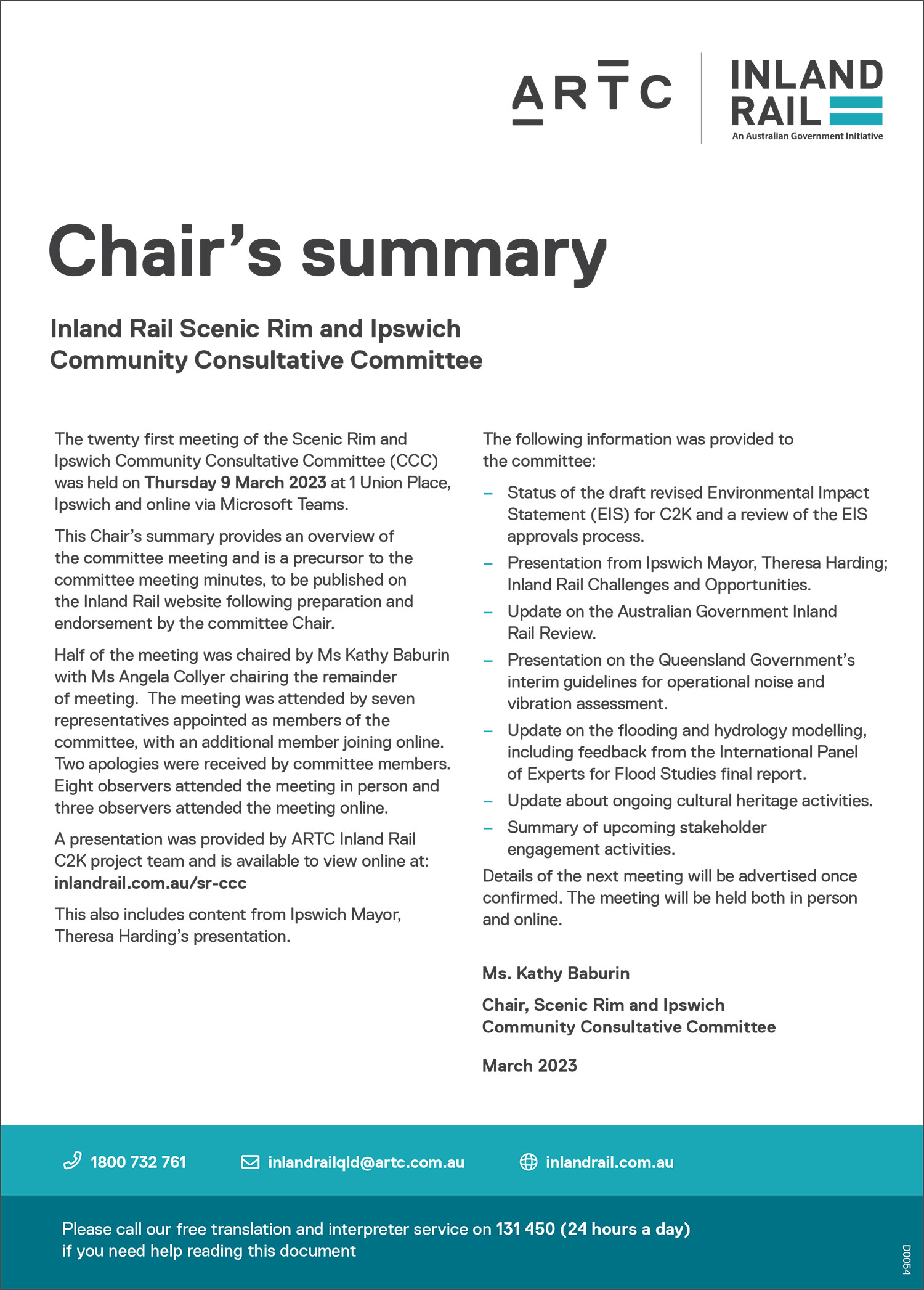 Thumbnail of Scenic Rim and Ipswich CCC Chair's summary document for 9 April 2023