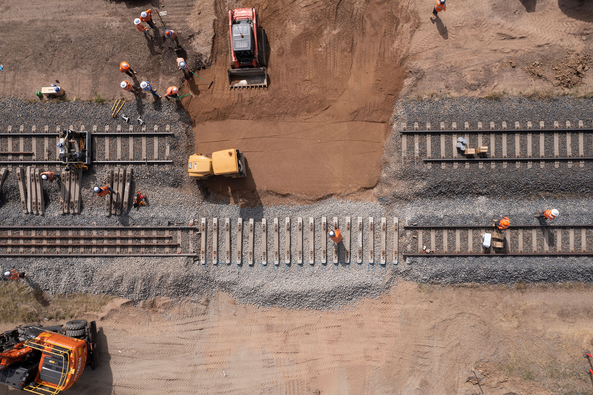 Aerial view reinstating the rail at Murray Valley Highway, Barnawartha North during March 2023 60-hour shutdown