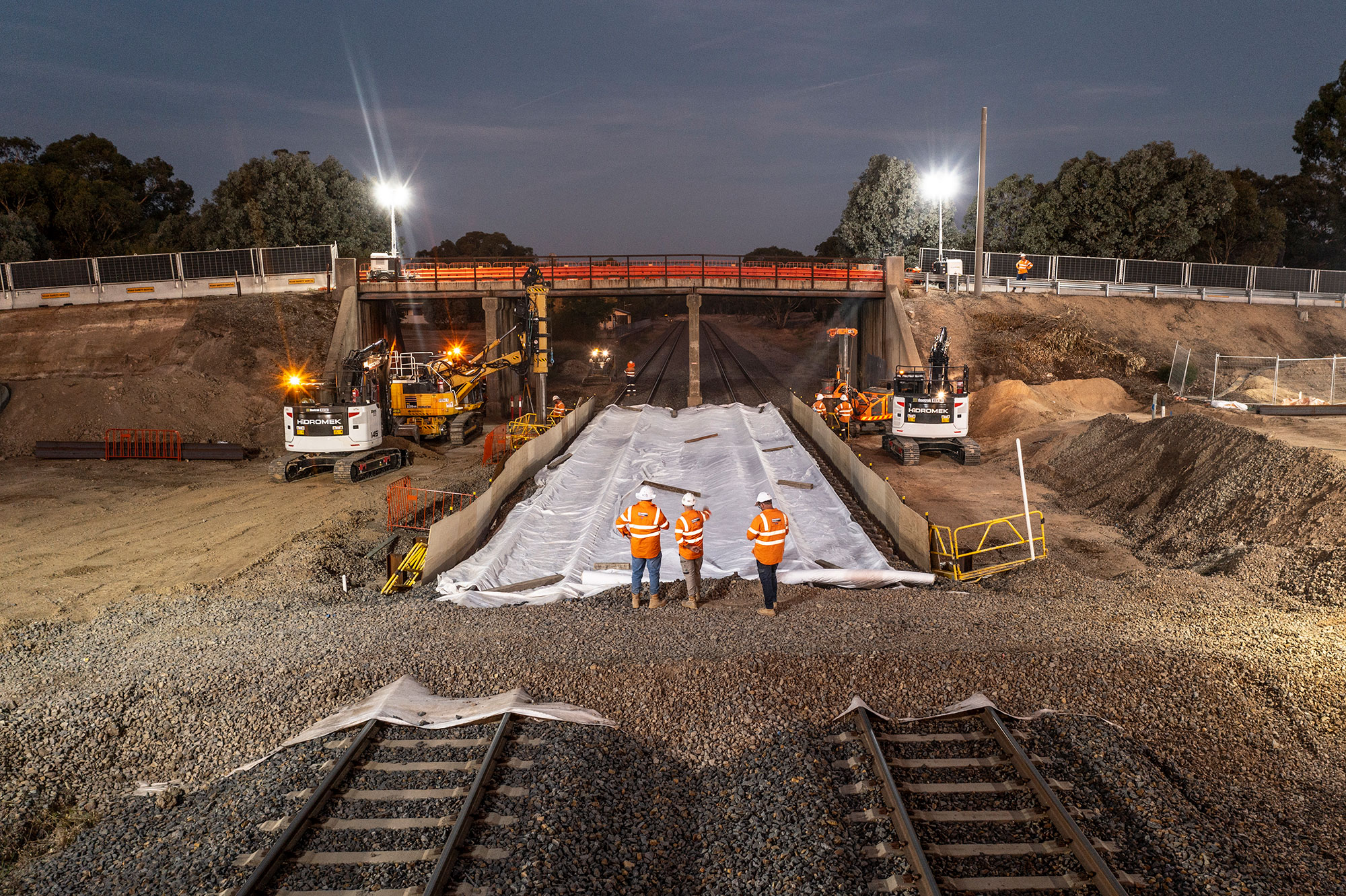 Drone view of night works construction site in Glenrowan during March 2023 60-hour shutdown