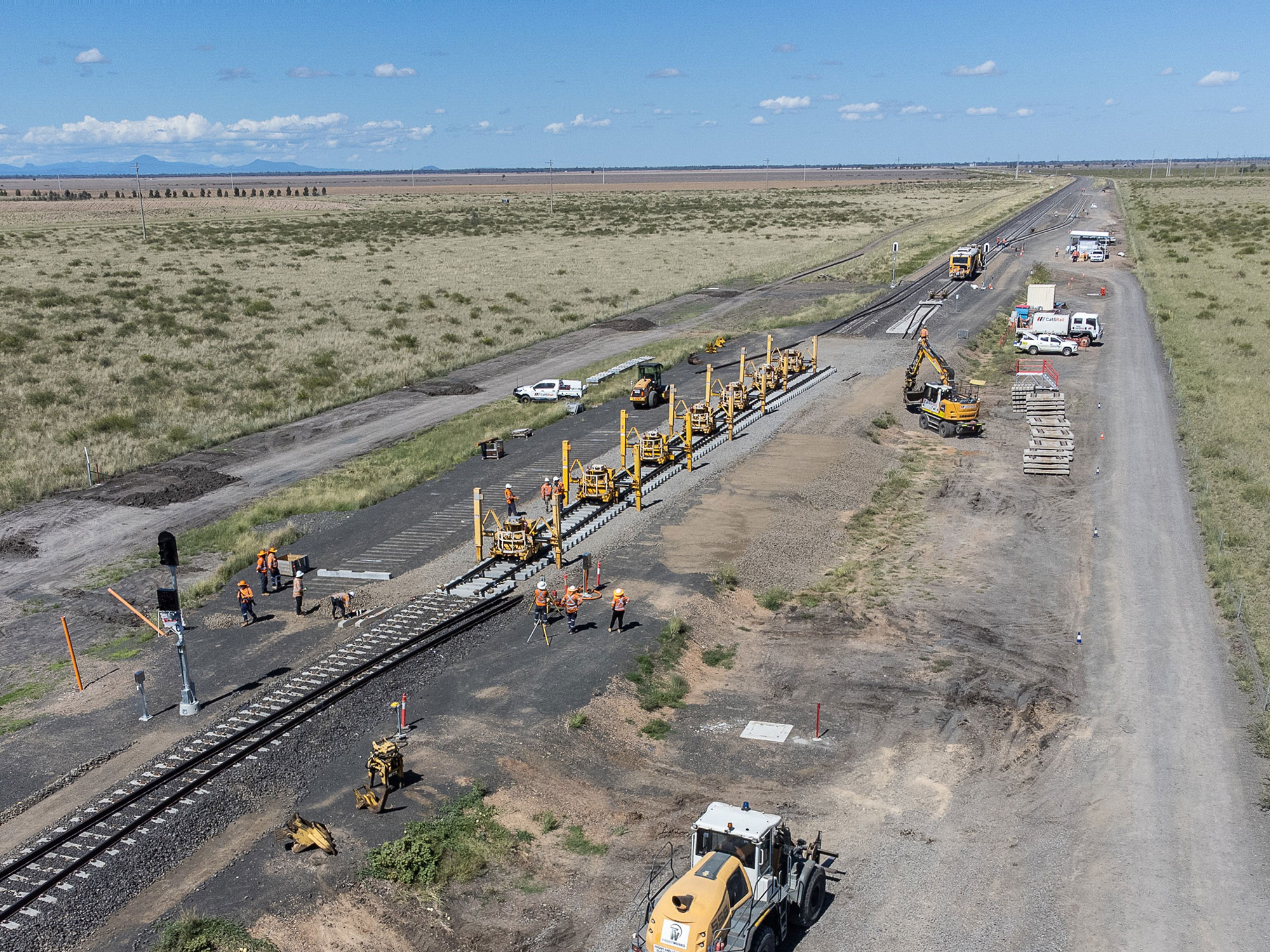 Aerial view of telescopic handling gantries and preassembled turnout during works on the Tycannah Creek crossing loop