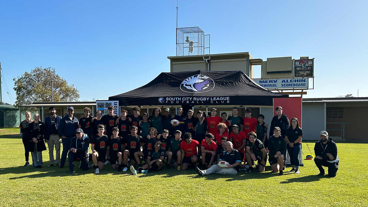 Image of teams from Mount Austin High School, Kooringal High School, and James Fallon High School, with sponsors and partners.